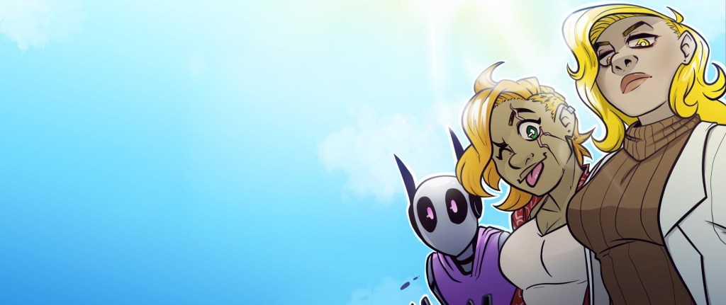 Banner artwork for Super Spandex, a full-color sci-fi superhero webcomic with queer romance. Features three main characters: Digger, a blonde woman with sharp gold eyes and a stern expression; Artt, a scarred redhead with green eyes smiling playfully; and Harrison, a friendly robot flashing peace signs.