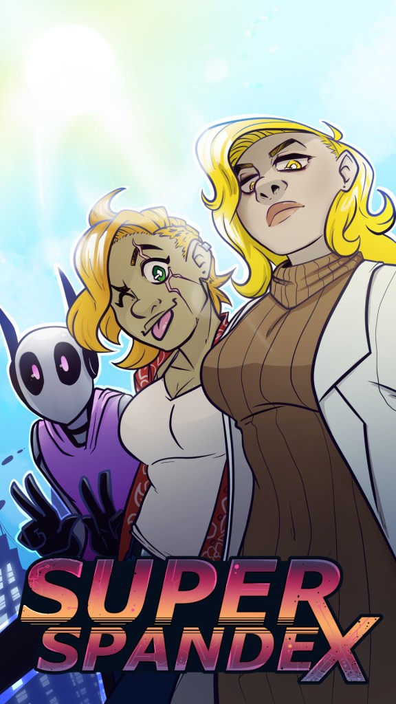 Image of three people looking at the camera. A blonde, angry looking women, a shorter red-hair with her tongue out, and a robot wearing pink and making peace signs